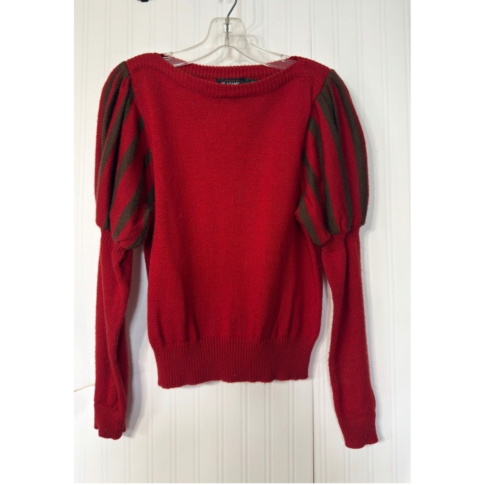 Vintage JF Adams Red Puff Sleeve Knit Sweater Brown Stripe Accent Size‎ Large